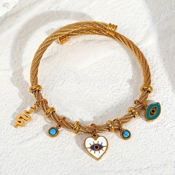 Gold Boho Evil Eye Open Cuff Charm Bracelet - Picture 3 of 3